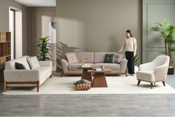 Gruppe Couch Dreisitzer Sessel Sofa Stoff Beige Stoffsofa Set 3tlg 3+3+1