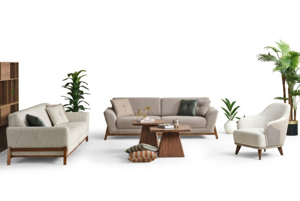 Gruppe Couch Dreisitzer Sessel Sofa Stoff Beige Stoffsofa Set 3tlg 3+3+1