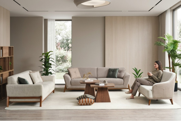 Couchgarnitur Dreisitzer Sessel Sofa Stoff Beige Stoffsofa Set 4tlg 3+3+1+1