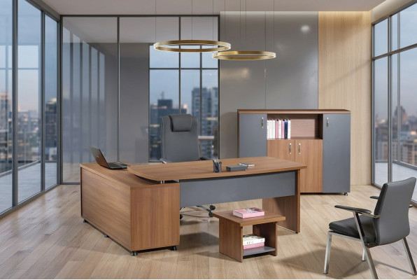 Eckbürotisch Arbeitszimmermöbel Komplettbüro Büro 3tlg Holz Braun Set