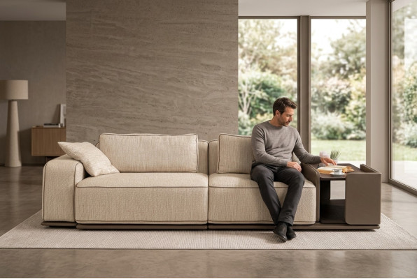 Dreisitzer Couch Sofa 3 Sitzer Beige Stoff Stoffsofa Polstersofa Tisch