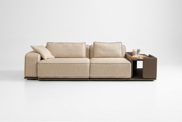 Dreisitzer Couch Sofa 3 Sitzer Beige Stoff Stoffsofa Polstersofa Tisch