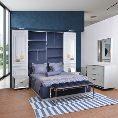 Design Gruppe Schlafzimmer Doppelbett Bett Nachttische Set 7tlg Blau