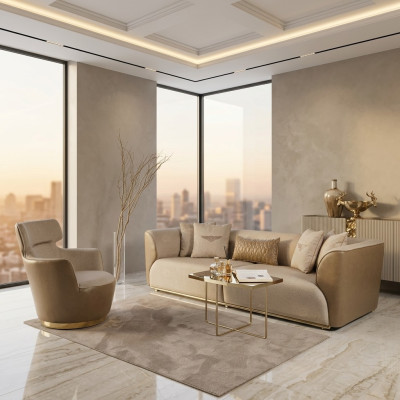 Sofagarnitur Dreisitzer Sessel Stoffsofa Beige Polstersofa Sofas Set