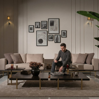 Wohnzimmer Gruppe Sofa Couchtische 4tlg Stoffsofa Beige Holz Moderne
