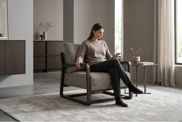 Sessel Einsitzer Sitzer Grau Holz Wohnzimmer Fernsehsessel Relaxsessel