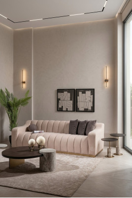 Garnitur Wohnzimmer Dreisitzer Couchtische 4tlg Stoffsofa Beige Holz