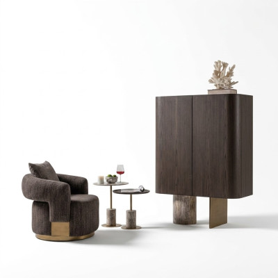 Wohnzimmer Komplette Sesssel Beistelltische 4tlg Stoff Braun Holz Bar