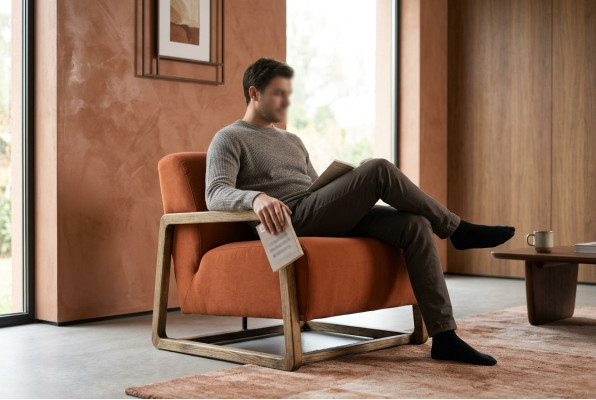Sessel Einsitzer Sitzer Orange Holz Wohnzimmer Relaxsessel Design