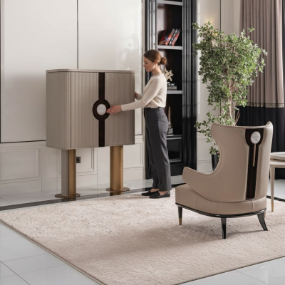 Sessel Gruppe Wohnzimmer Barschrank Modern Ohrensessel Beige Schrank