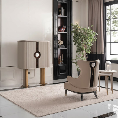 Sessel Gruppe Wohnzimmer Barschrank Modern Ohrensessel Beige Schrank