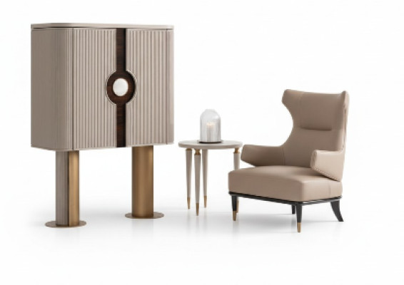 Sessel Gruppe Wohnzimmer Barschrank Modern Ohrensessel Beige Schrank