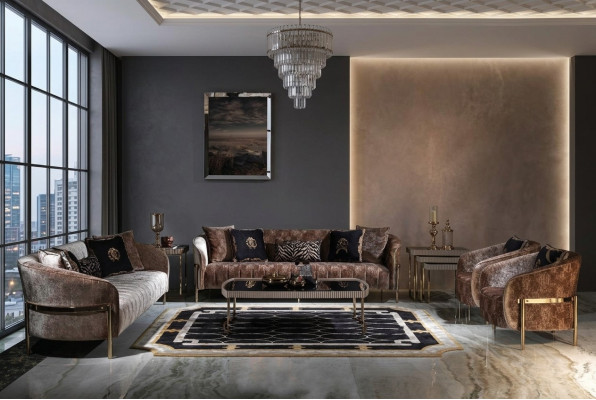 Wohnzimmer Sofagarnitur Dreisitzer Sessel Beige Stoffsofa Couchtisch