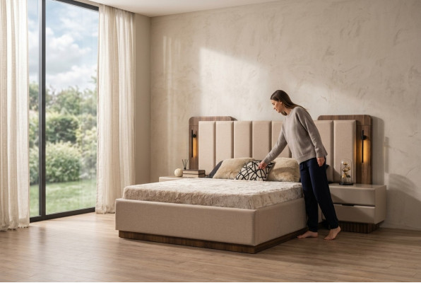 Komplette Schlafzimmer Doppelbett Bett Nachttische Beige Stoff 3tlg