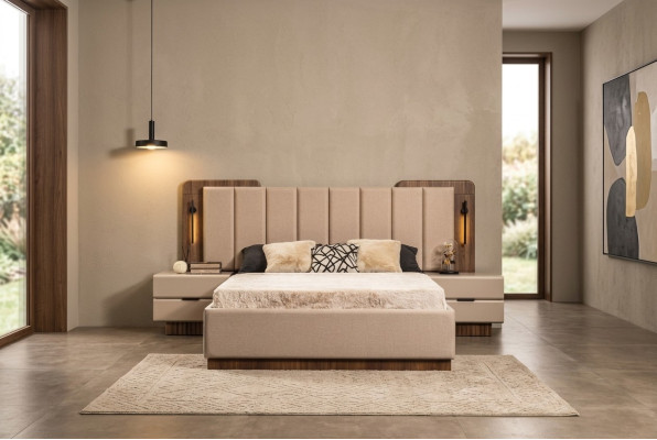 Komplette Schlafzimmer Doppelbett Bett Nachttische Beige Stoff 3tlg