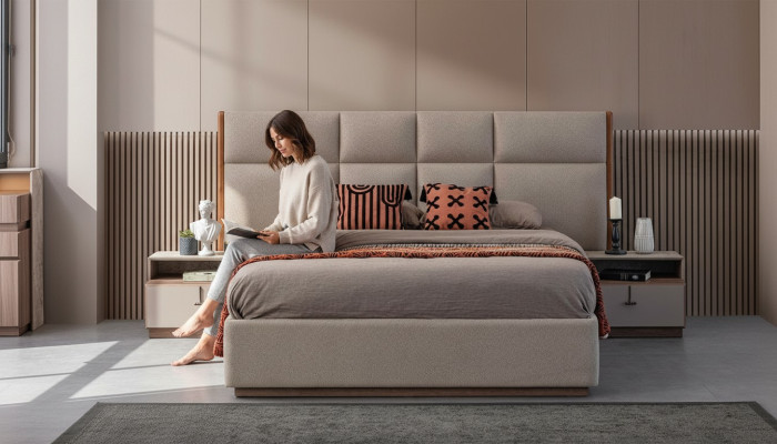 Doppelbett Schlafzimmer Bett Nachttische Grau Set 3tlg Bettkasten