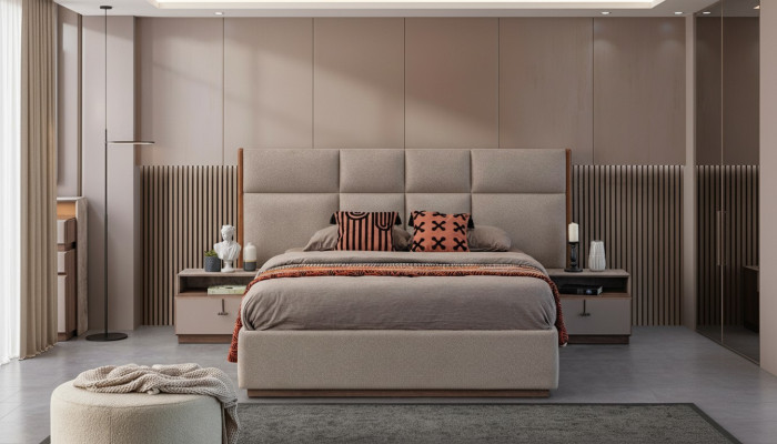 Doppelbett Schlafzimmer Bett Nachttische Grau Set 3tlg Bettkasten