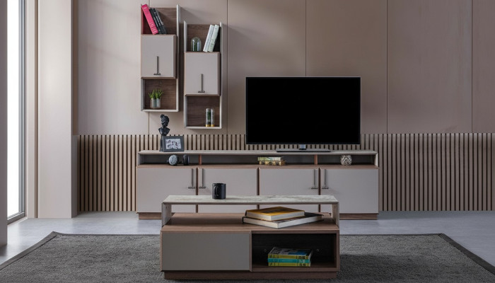 Gruppe Wohnzimmer TV Ständer Wandschränke Lowboard Grau Sofatisch 3tlg