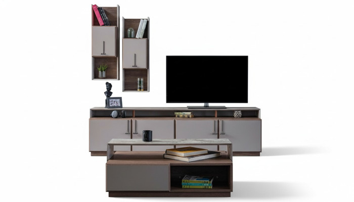 Gruppe Wohnzimmer TV Ständer Wandschränke Lowboard Grau Sofatisch 3tlg