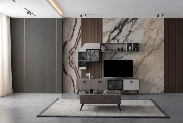 Gruppe Wohnzimmer TV Ständer Wandschränke Lowboard Grau Sofatisch 3tlg