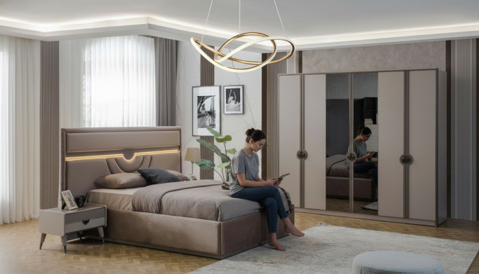 Doppelbett Komplette Schlafzimmermöbel Bett Nachttische Beige 4tlg