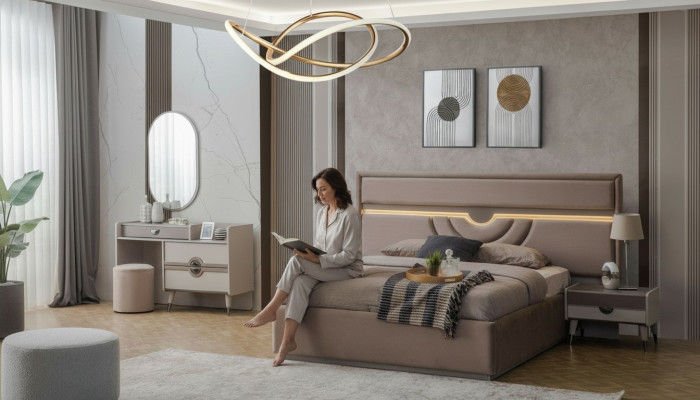Garnitur Doppelbett Bett Nachttische Beige 6tlg Schminktisch Moderne
