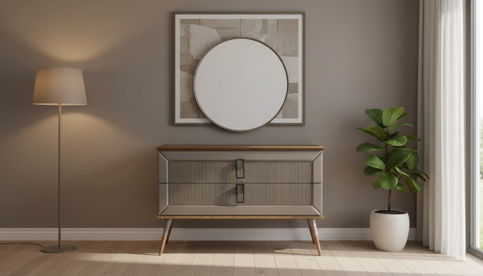 Braune Designer Kommode Edler Rundspiegel Luxus Schminktisch Set 2tlg