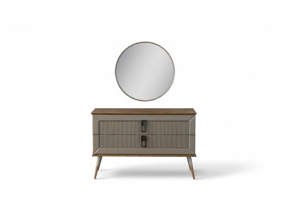 Braune Designer Kommode Edler Rundspiegel Luxus Schminktisch Set 2tlg