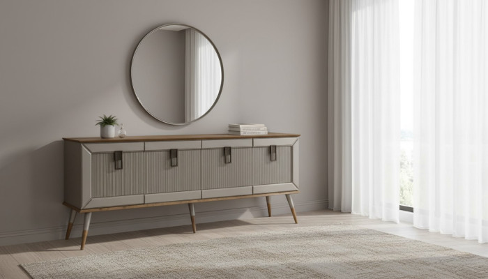  Robuste Anrichte Designer Sideboard Luxuriöser Rundspiegel Schrank 2tlg