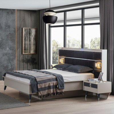 Grau-weiße Schlafzimmer Garnitur Doppelbett 2x Nachttische 3tlg Set