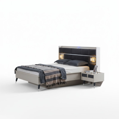 Grau-weiße Schlafzimmer Garnitur Doppelbett 2x Nachttische 3tlg Set