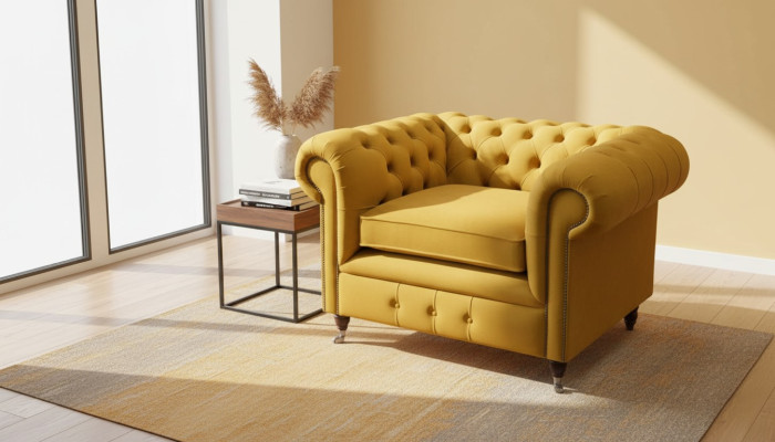 Sessel Design Relax Textil Lounge Luxus Gelb Polster Sitzer Chesterfield