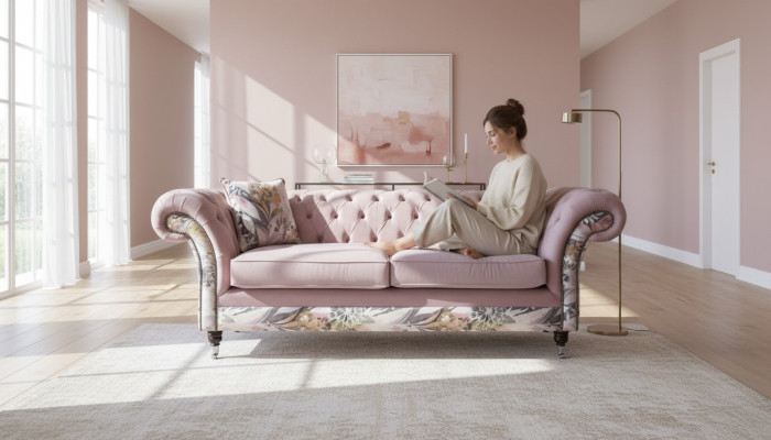 Ein lebhaftes Dreisitzer-Sofa aus Chesterfield mit zartem rosa Blumenmuster 
