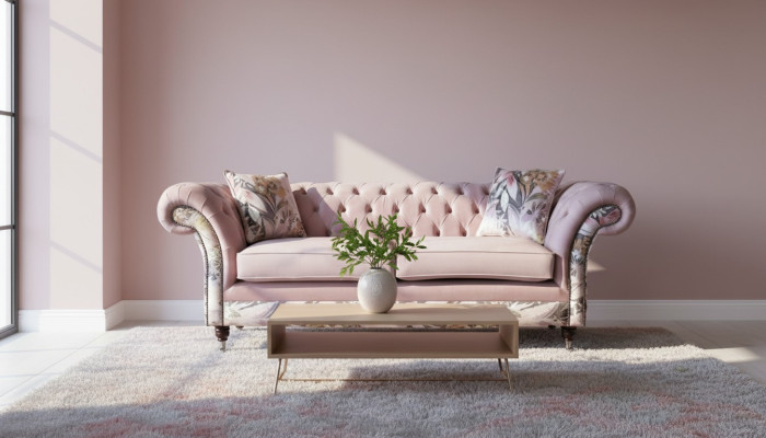 Ein lebhaftes Dreisitzer-Sofa aus Chesterfield mit zartem rosa Blumenmuster 