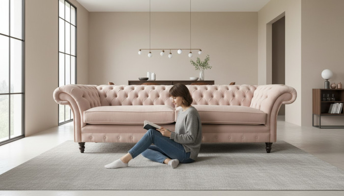 Modern Chesterfield 4 Sitzer Design Sofa Rosa Polstermöbel Sofas Stoff Textil