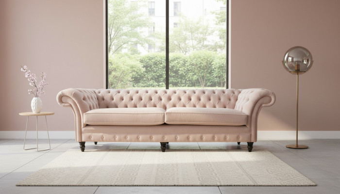 Modern Chesterfield 4 Sitzer Design Sofa Rosa Polstermöbel Sofas Stoff Textil