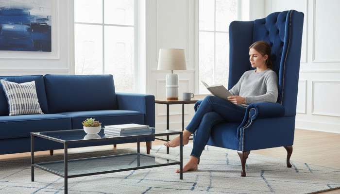 Sessel Chesterfield Couch Textil Lounge Polster Blau Luxus Ohrensessel