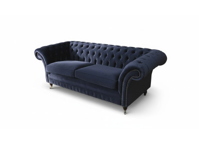 Klassich Chesterfield Wohnzimmer Samt Couch Blau 3 Sitzer Textil Sofas