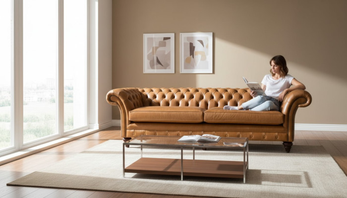 Sofa 4 Sitzer Couch Polster Chesterfield Sofa Sitz Leder Design Braun Möbel