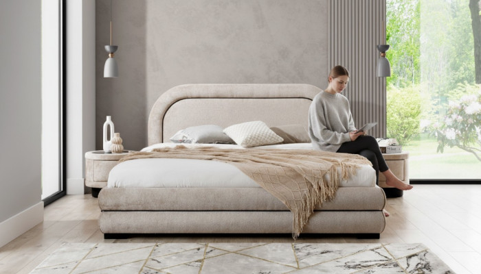 Schlafzimmer Garnitur Designer Beiges Doppelbett 2x Textil Nachttische