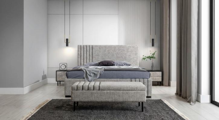 Hellgraue Schlafzimmer Möbel Designer Textilbett 2x Nachttische Bank