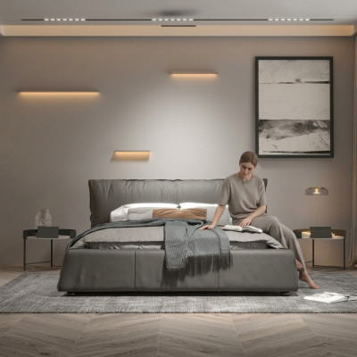 Graues Schlafzimmer Bett Designer Doppelbett Holzgestell Neues Lederbett