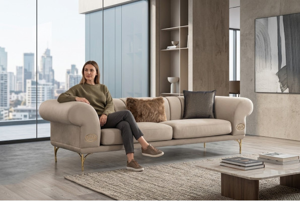 Beiger Dreisitzer Luxus Polstercouch Wohnzimmer Sitzmöbel 3-Sitzer Neu