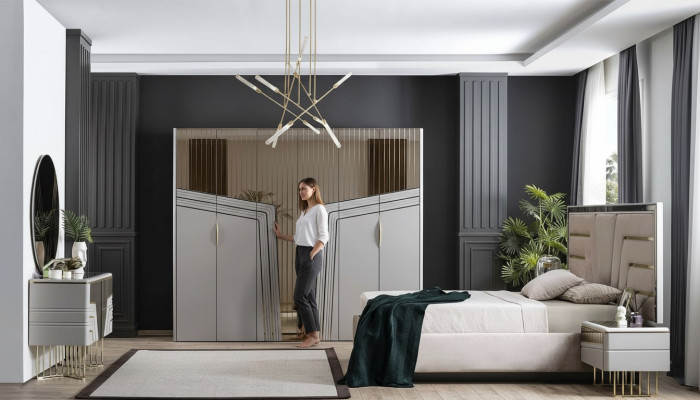 Modern Schlafzimmer Set Luxus Bett 2x Nachttische Kleiderschrank 6tlg.
