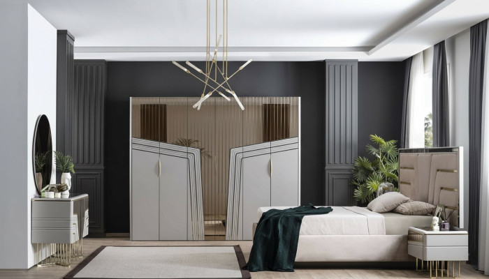 Modern Schlafzimmer Set Luxus Bett 2x Nachttische Kleiderschrank 6tlg.