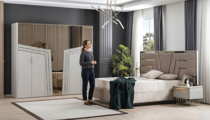 Moderner Schlafzimmer Set Designer Bett 2x Nachttische Kleiderschrank 