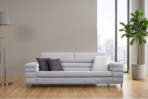 Grauer Dreisitzer Luxus 3-er Sofa Wohnzimmer Möbel Holzgestell Couch