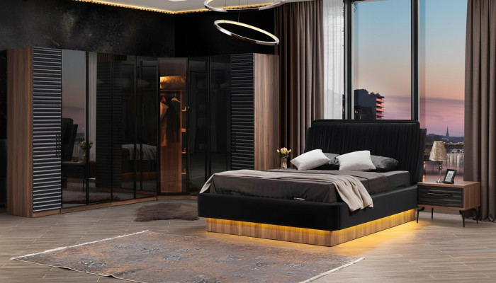 Braun-Schwarzes Schlafzimmer Set Komplette Garnitur Bett 2x Nachttische
