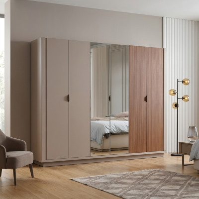 Beiger Kleiderschrank Schlafzimmer Schränke Glastüren 6-türiger Schrank