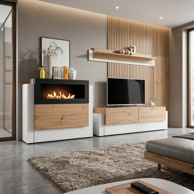 Designer Weiß Wohnwand Luxus Kommode mit Kamin Einrichtung Wohnzimmermöbel